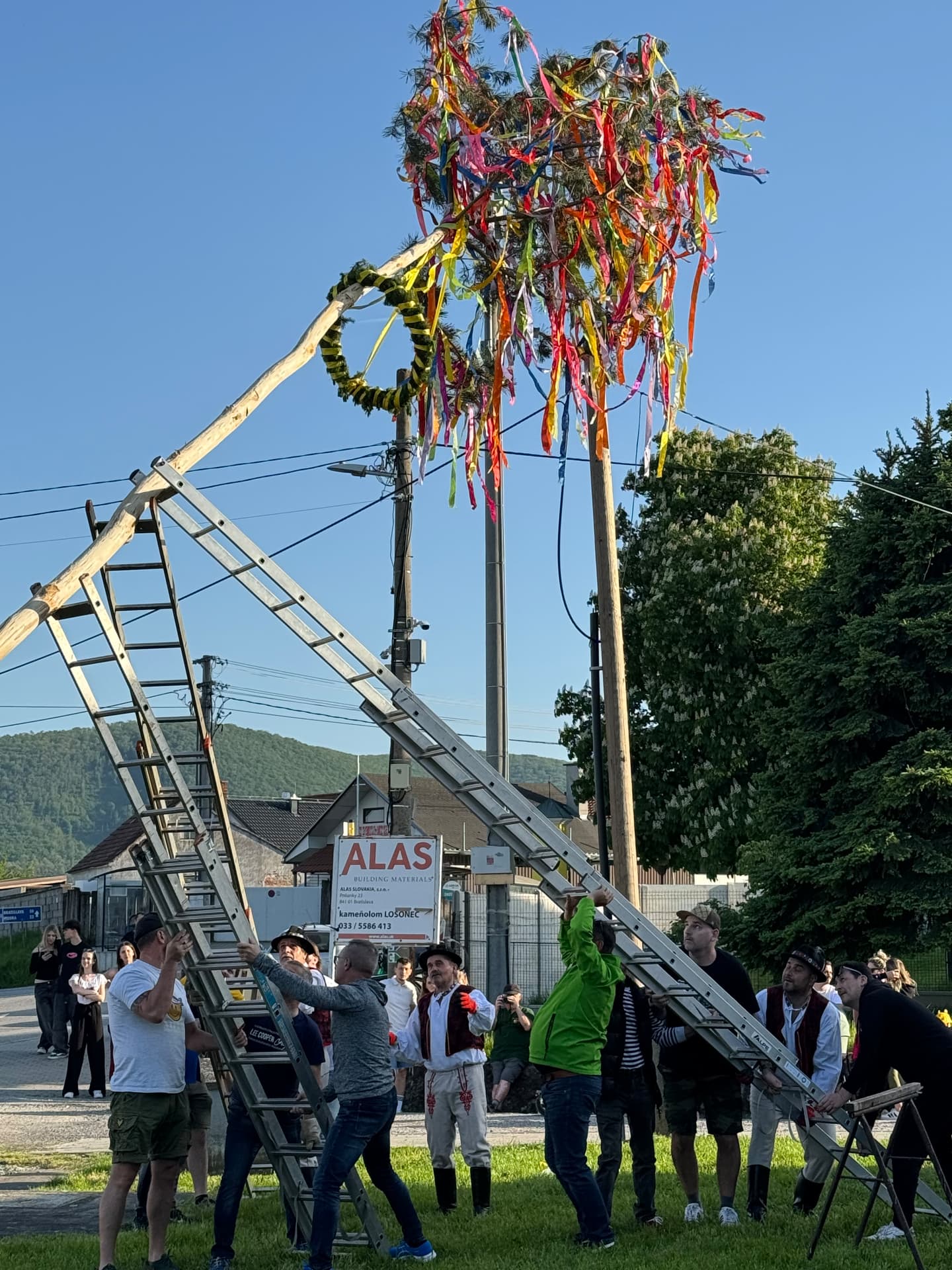 Villagers raising a decorated maypole together during a Slovak spring celebration