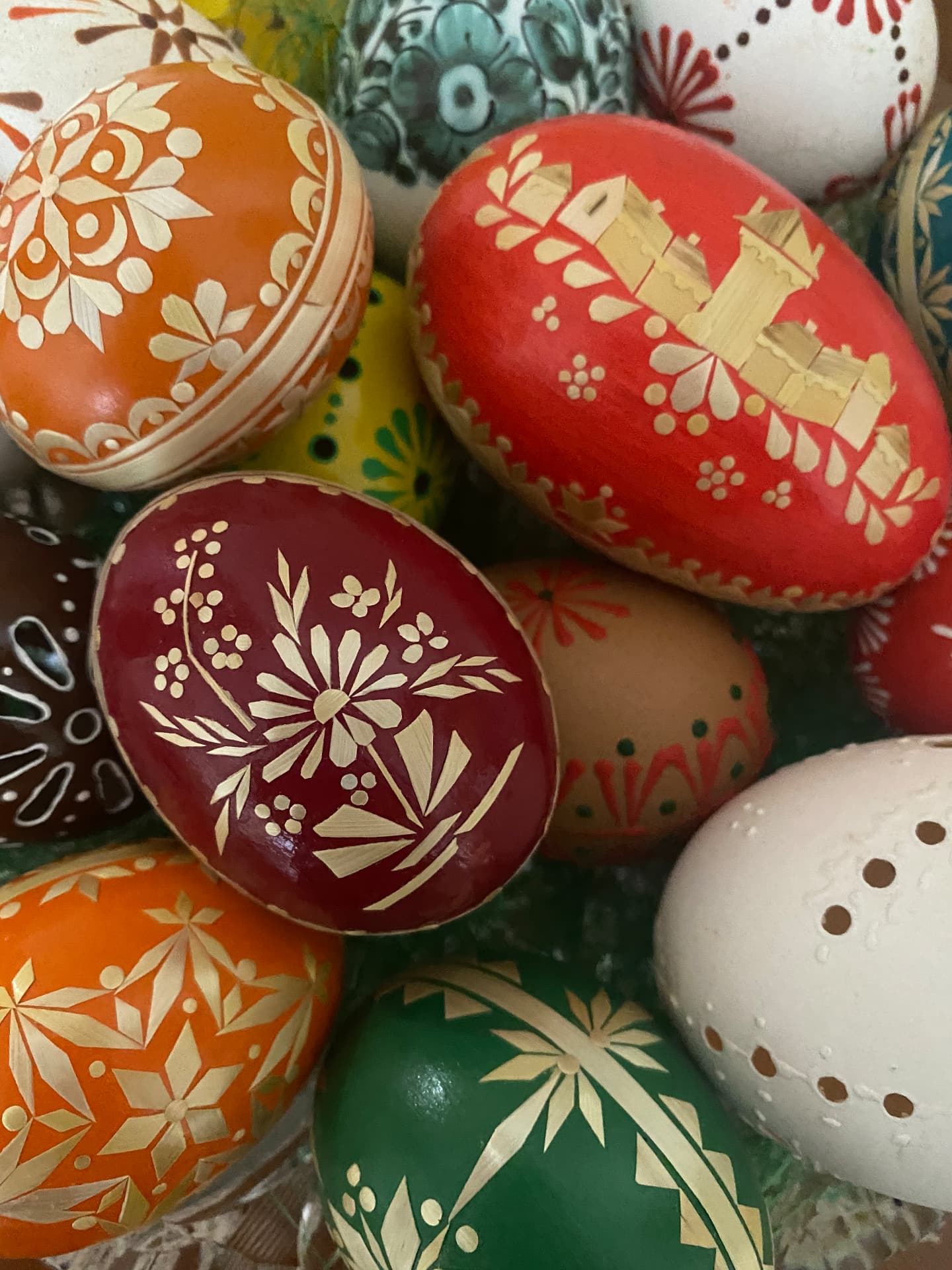 Hand-decorated Slovak Easter eggs (kraslice) ornamented with straw patterns