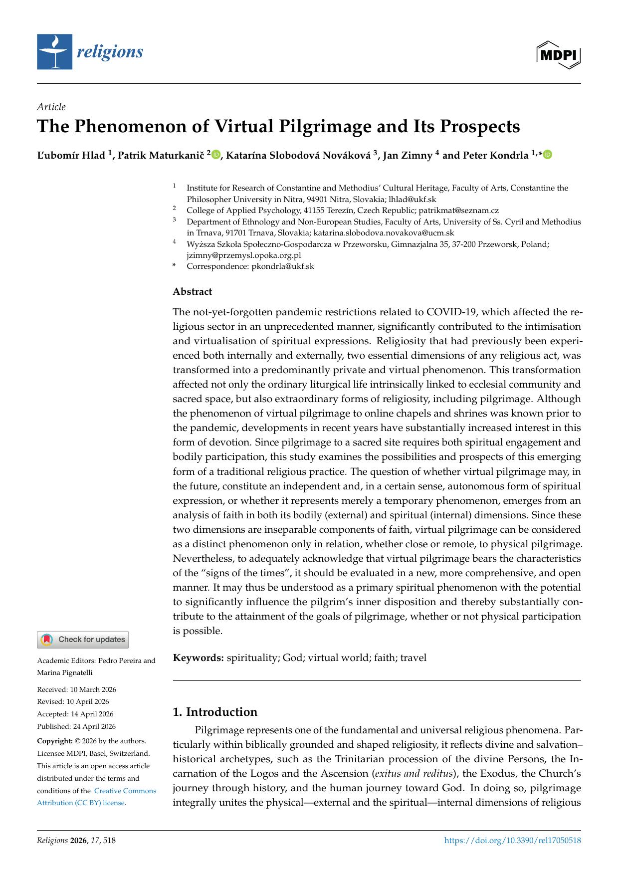 First page of the article The Phenomenon of Virtual Pilgrimage and Its Prospects, published in the journal Religions